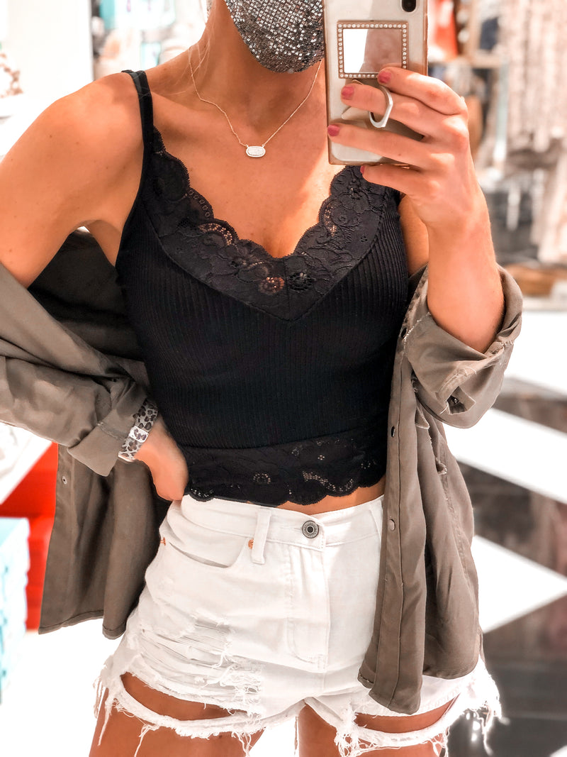 Ribbed Lace Cropped Tank Top