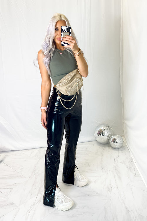 Black Faux Leather Split Hem Pants