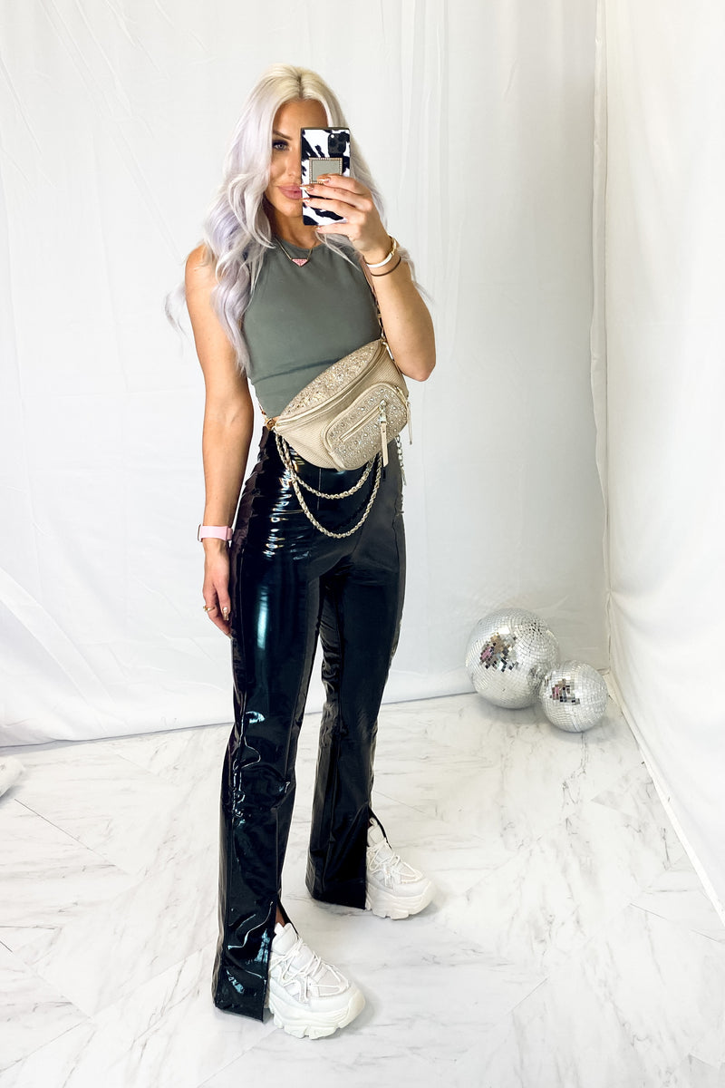 Black Faux Leather Split Hem Pants