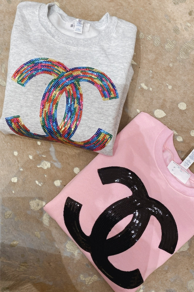 Black Sequins On Baby Pink Sweatshirt