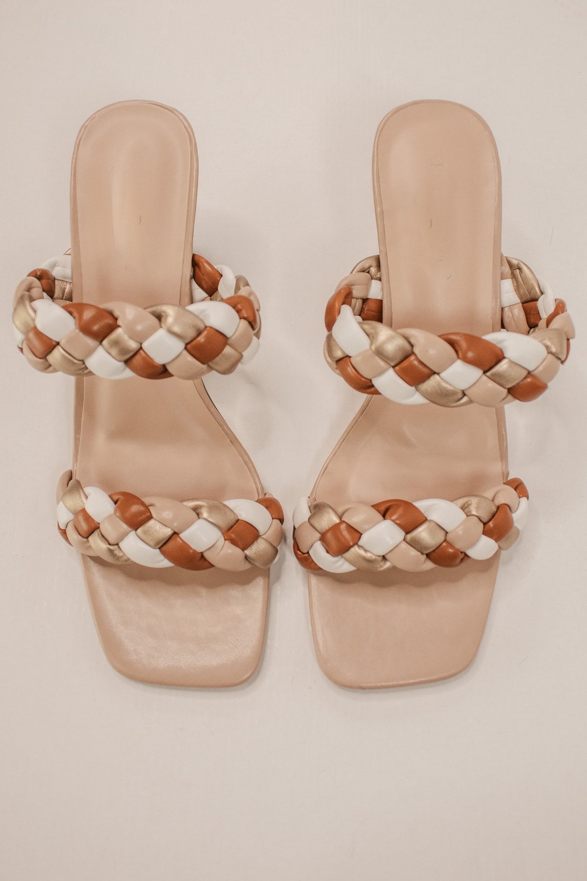 Nude Multi Braided Double Strap Block Heels