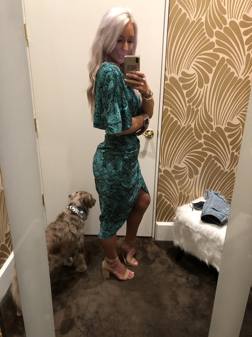 Green Python One Shoulder Midi Dress