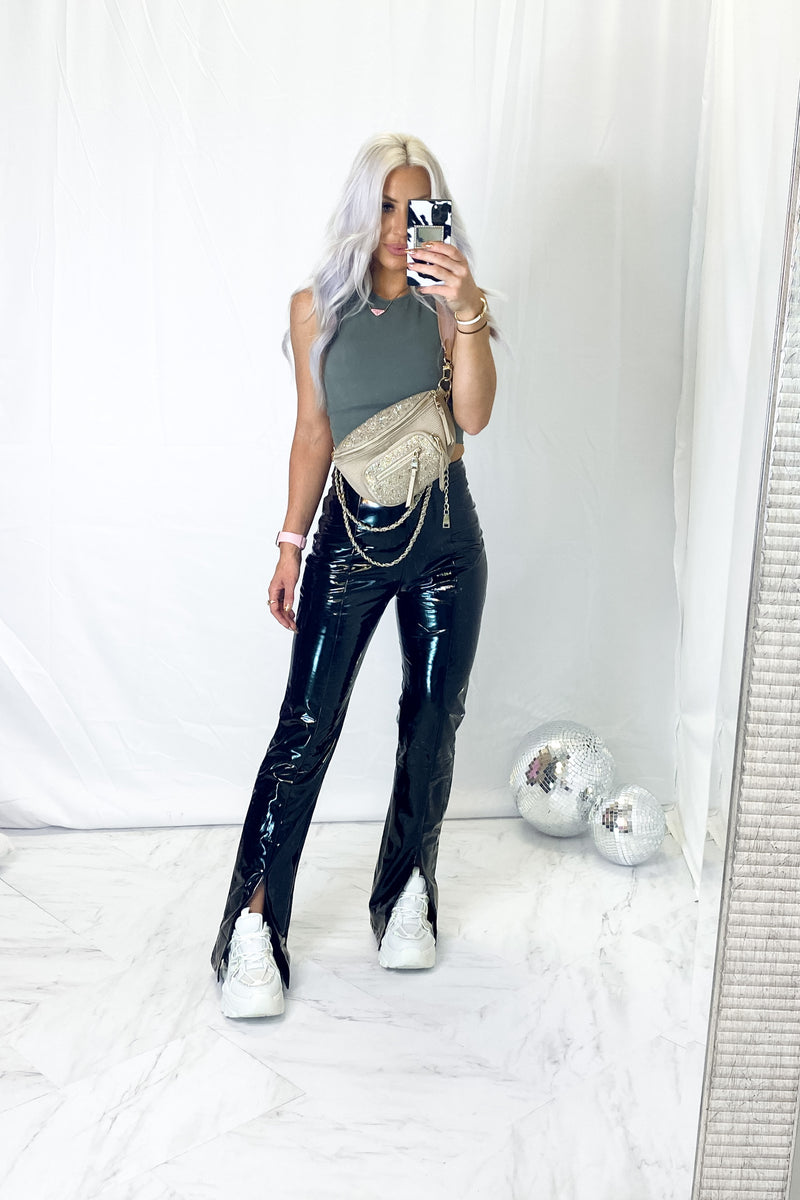 Black Faux Leather Split Hem Pants