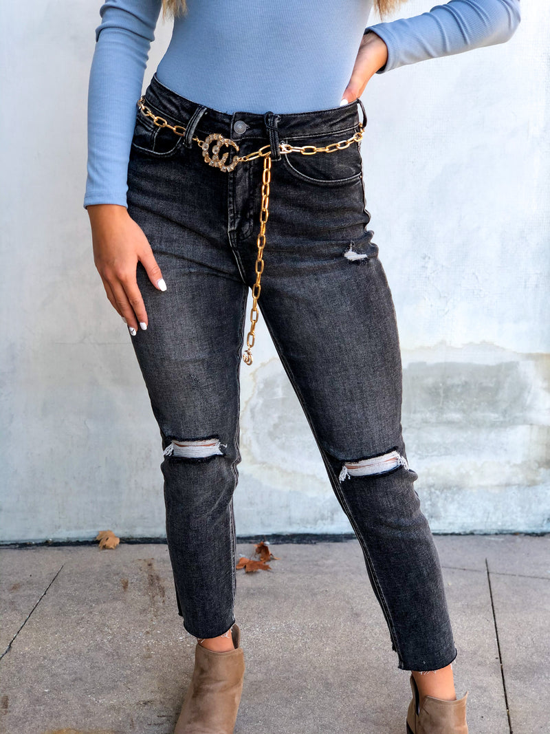 Marissa Black High Waisted Distressed Girlfriend Jeans