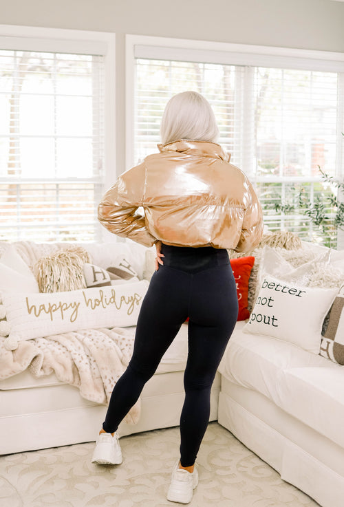 Gold Metallic Pearl Cropped Puffer Jacket