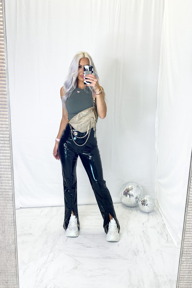 Black Faux Leather Split Hem Pants