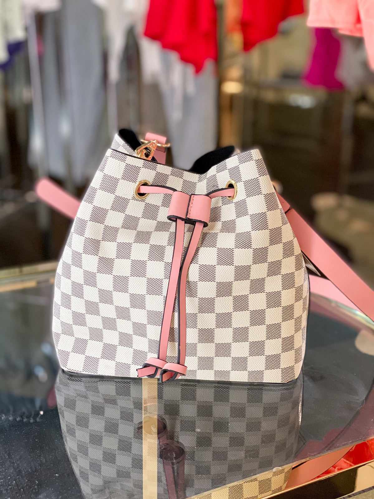 White and Pink Checkered Pattern Bucket Bag