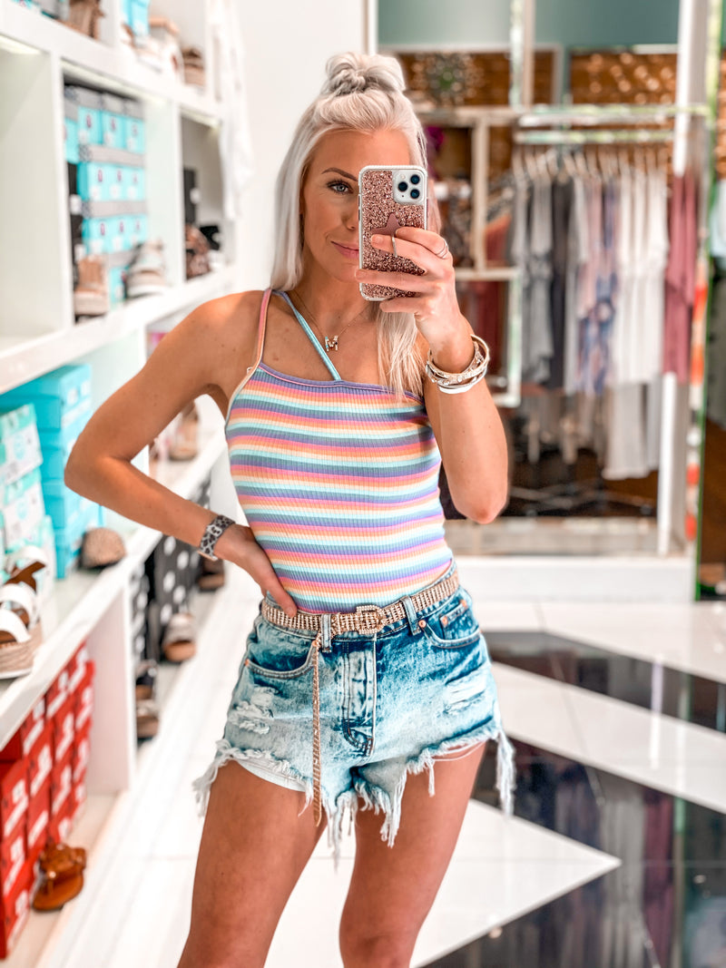 Rainbow Stripe One Shoulder Thong Bodysuit