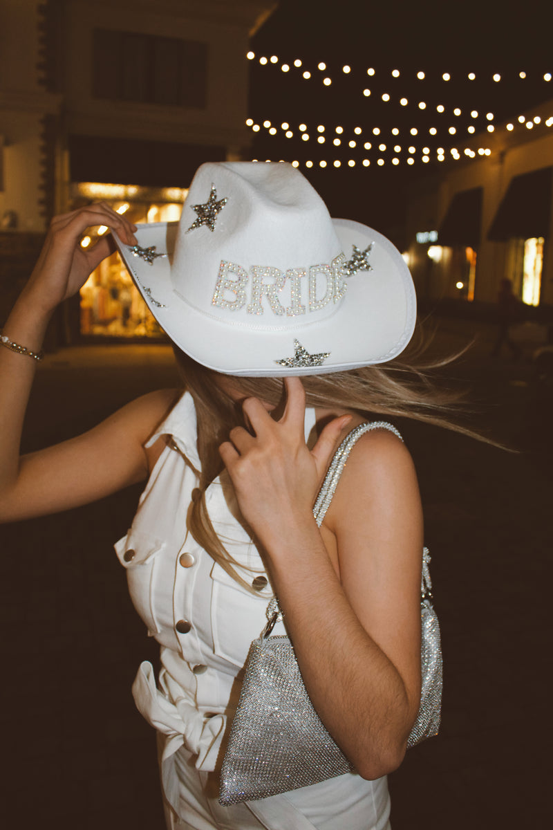 White Rhinestone Patch Bride Cowboy Hat