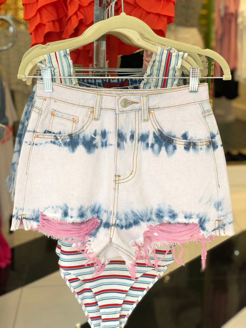 Pink Distressed High Rise Denim Shorts
