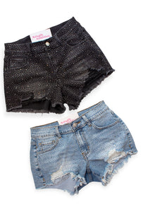 Light Wash Rhinestone Distressed Denim Shorts