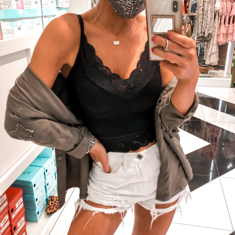 Ribbed Lace Cropped Tank Top