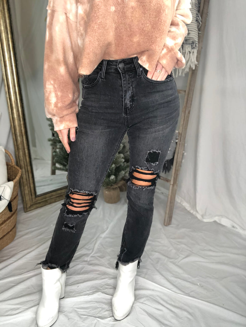 Bailey High Rise Black Distressed Girlfriend Jeans