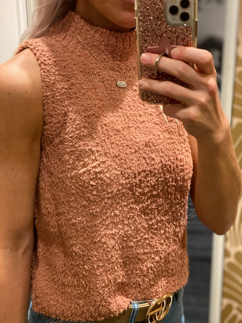 Cinnamon Sherpa Sleeveless Turtleneck Top