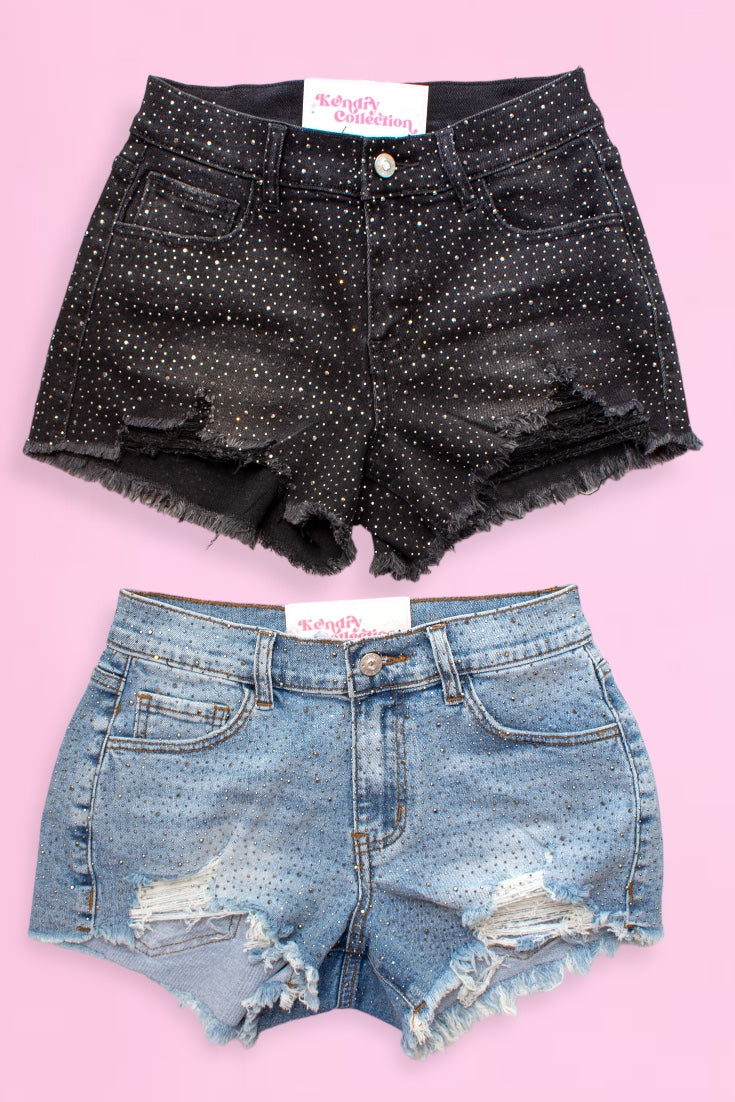 Light Wash Rhinestone Distressed Denim Shorts