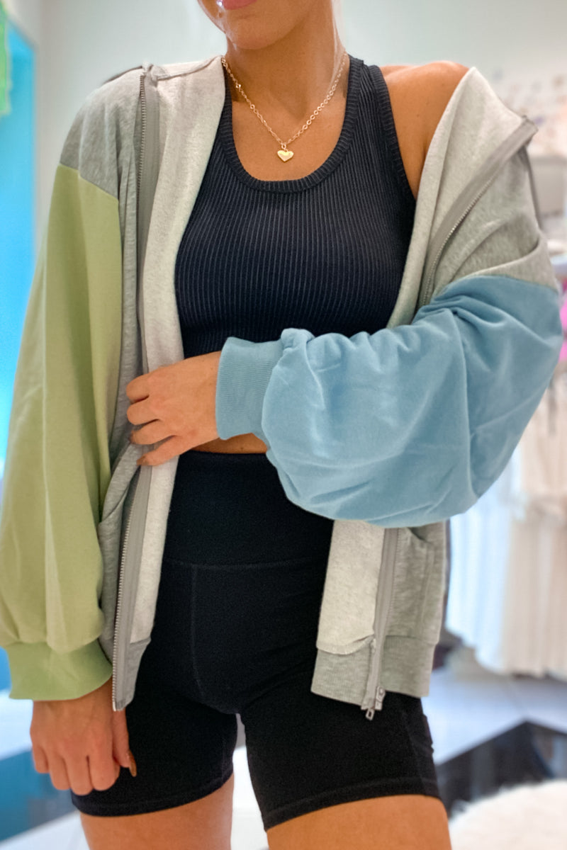 Grey Color Block French Terry Zip Up Hoodie