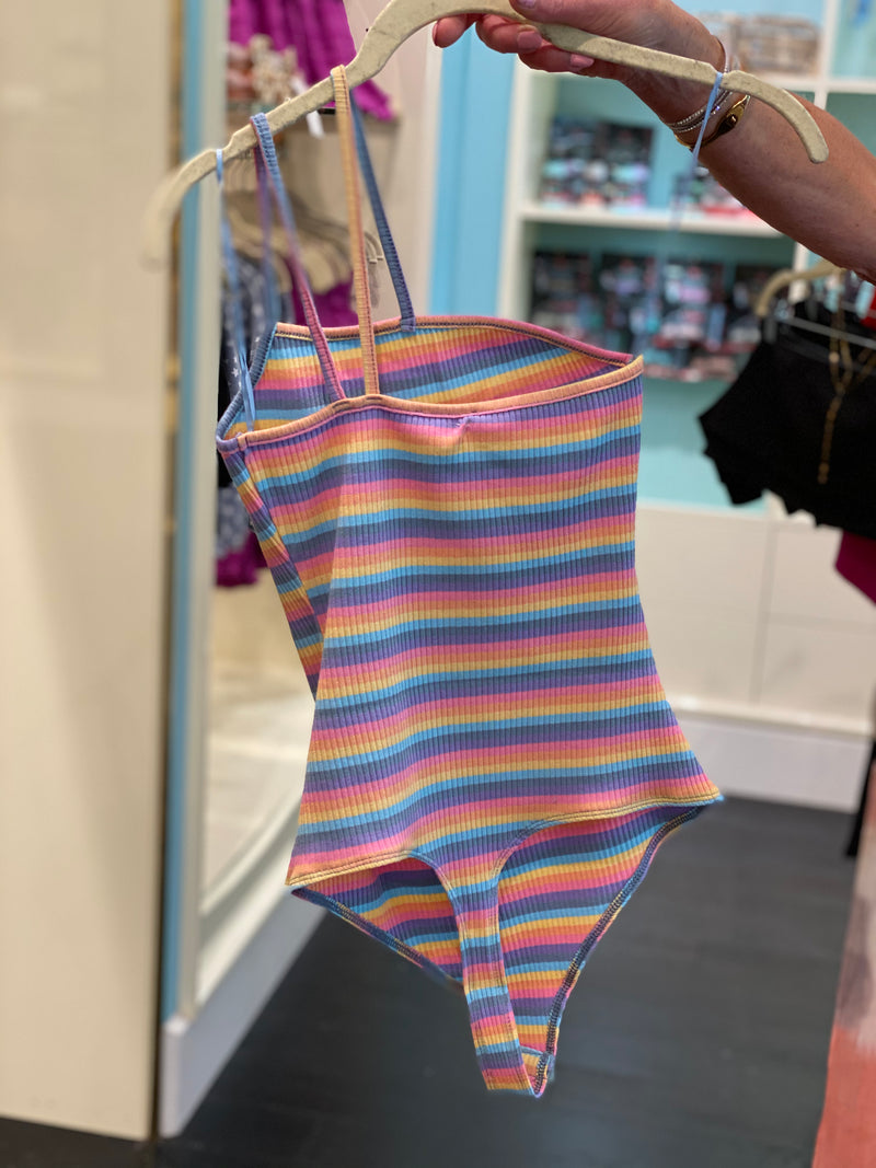 Rainbow Stripe One Shoulder Thong Bodysuit