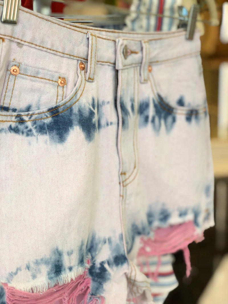 Pink Distressed High Rise Denim Shorts