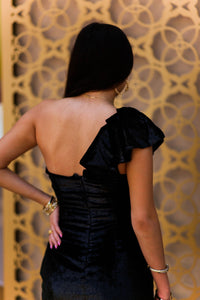Black Velvet Ruffle Shoulder Mini Dress - Kendry Collection Boutique 