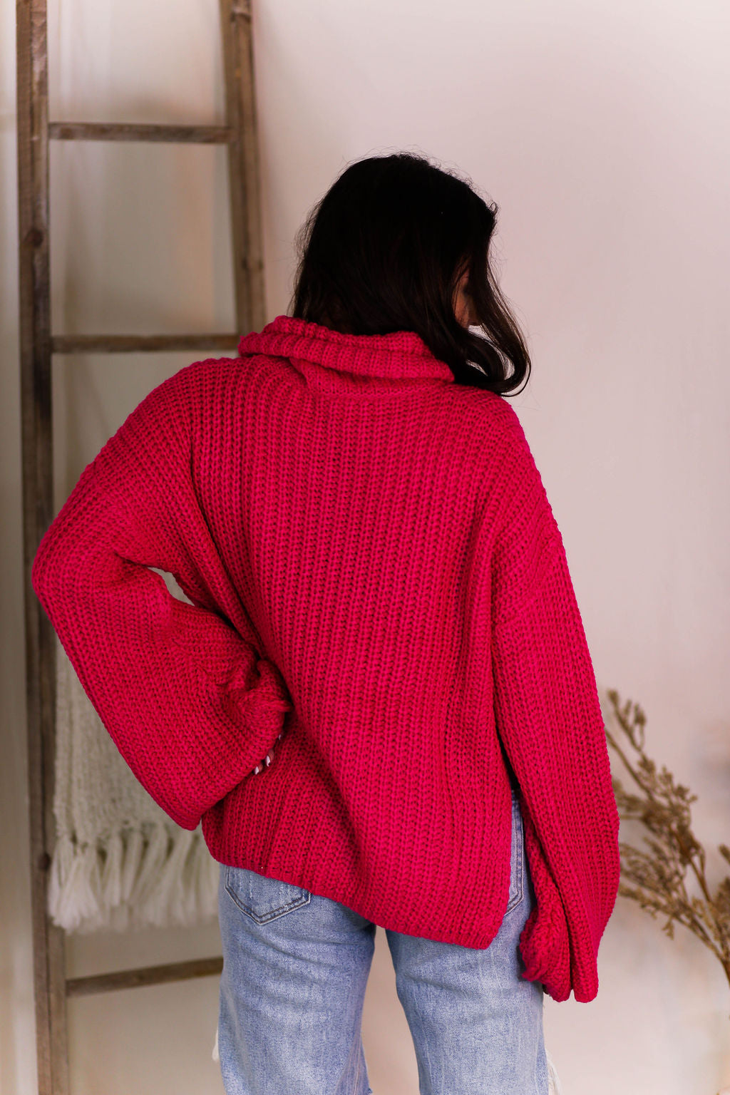 Fuchsia Pink Turtleneck Side Slit Sweater - Kendry Collection Boutique