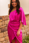 Pink Patterned Satin One Shoulder Midi Dress