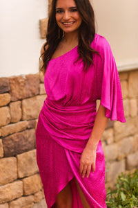 Pink Patterned Satin One Shoulder Midi Dress