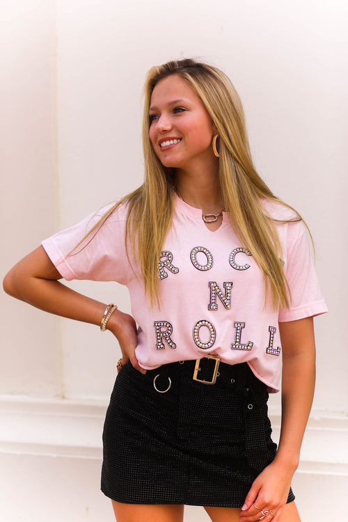 Baby Pink Rock N' Roll Rhinestone Graphic Tee- Shop Kendry Collection Boutique 