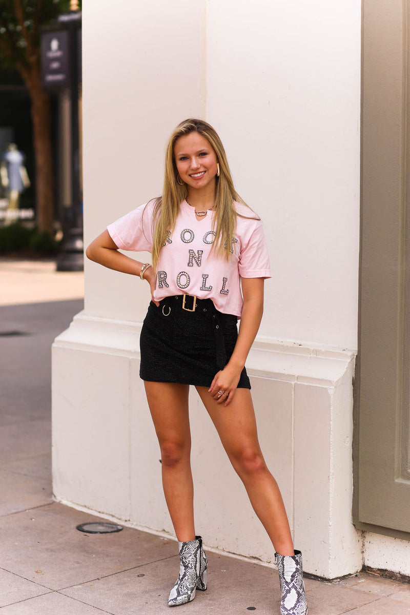 Baby Pink Rock N' Roll Rhinestone Graphic Tee- Shop Kendry Collection Boutique 