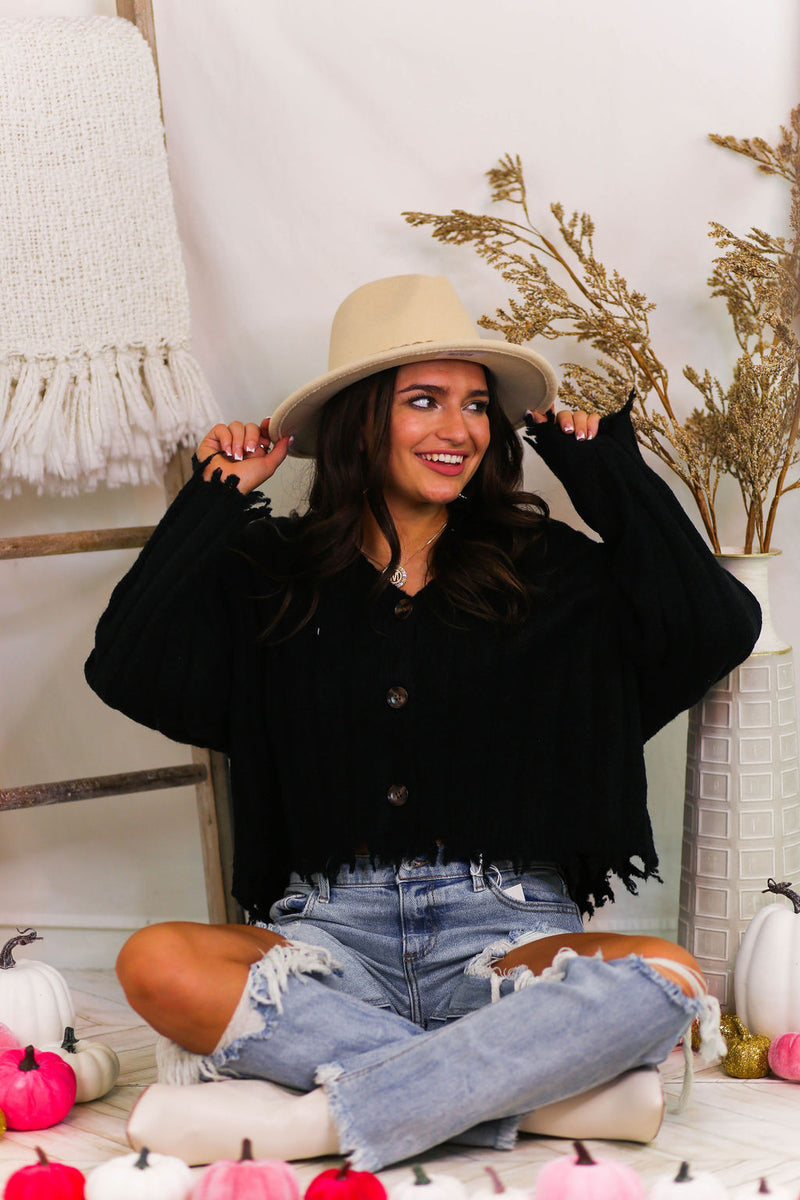 Black Button Down Distressed Hem Cardigan - Kendry Collection Boutique