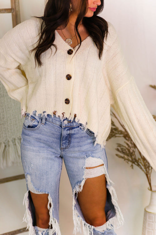 Off White Button Down Distressed Hem Cardigan - Kendry Collection