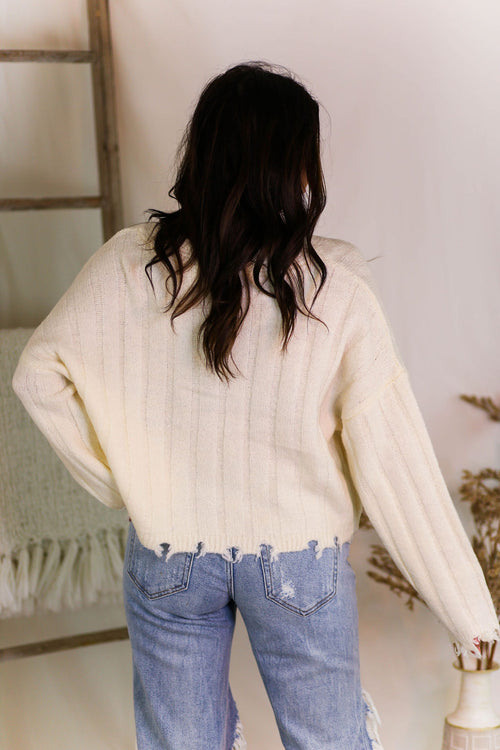 Off White Button Down Distressed Hem Cardigan - Kendry Collection