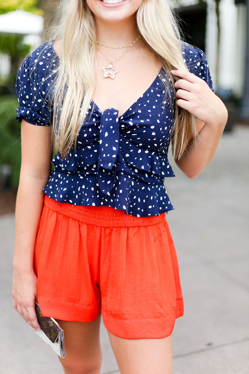 Navy Blue Ruffle Front Tie Crop Top - Shop kendry collection boutique 