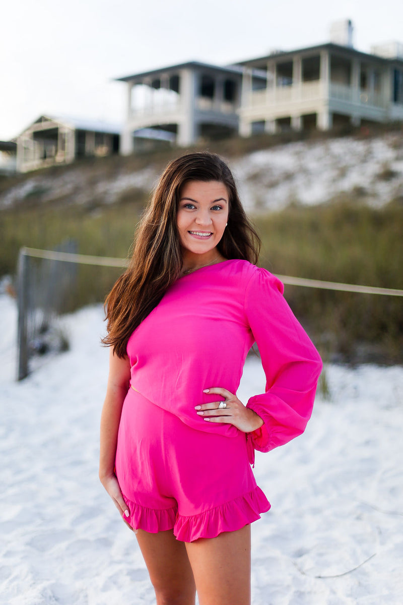 One Shoulder Ruffle Hem Romper - Pink - Kendry Collection Boutique