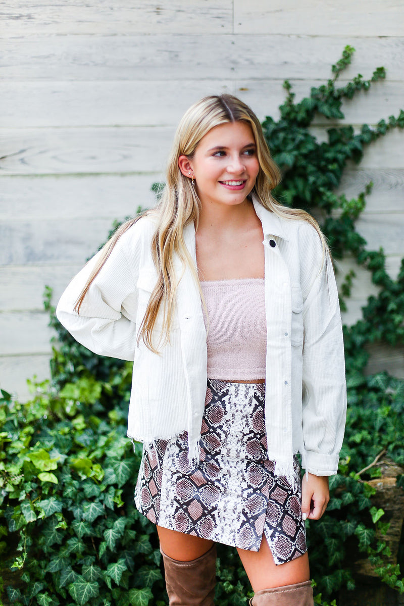Ivory Corduroy Distressed Hem Jacket- shop kendry collection boutique