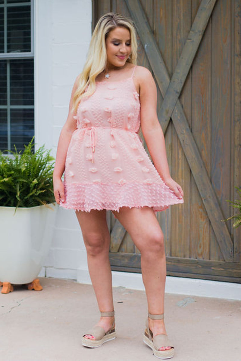 Pom Pom Textured Mini Ruffle Hem Dress - Peach