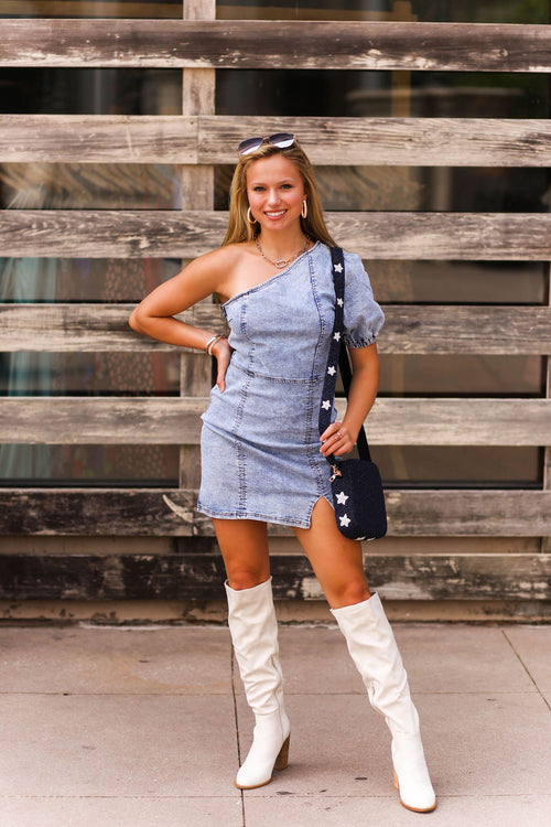 Light Wash Denim One Puff Sleeve Mini Dress - Shop Kendry Collection Boutique 