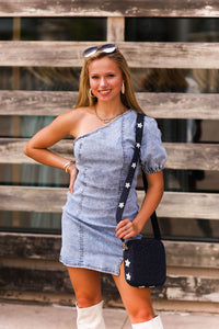 Light Wash Denim One Puff Sleeve Mini Dress - Shop Kendry Collection Boutique 