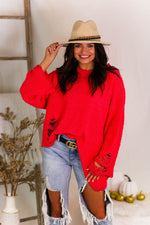 Coral Red Popcorn Distressed Hem Sweater - Kendry Collection Boutique