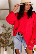 Coral Red Popcorn Distressed Hem Sweater - Kendry Collection Boutique