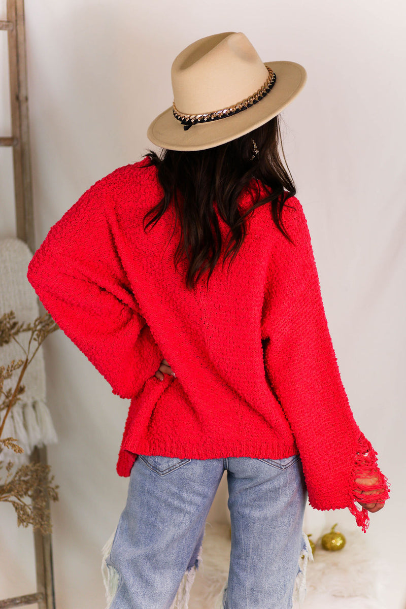 Coral Red Popcorn Distressed Hem Sweater - Kendry Collection Boutique