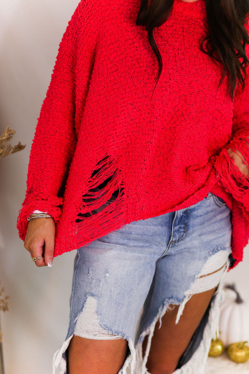 Coral Red Popcorn Distressed Hem Sweater - Kendry Collection Boutique