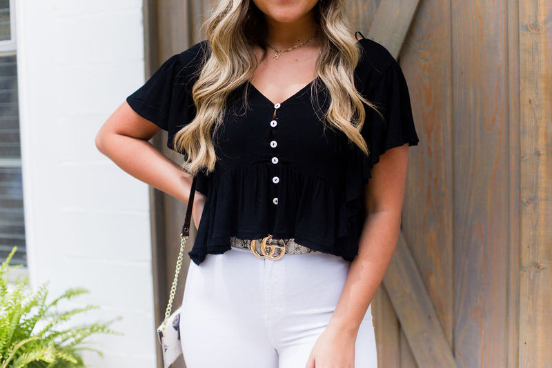 Black Open Back Ruffle Blouse - Kendry Collection Boutique
