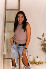 Taupe Sleeveless Mock Neck Popcorn Sweater - Kendry Collection Boutique
