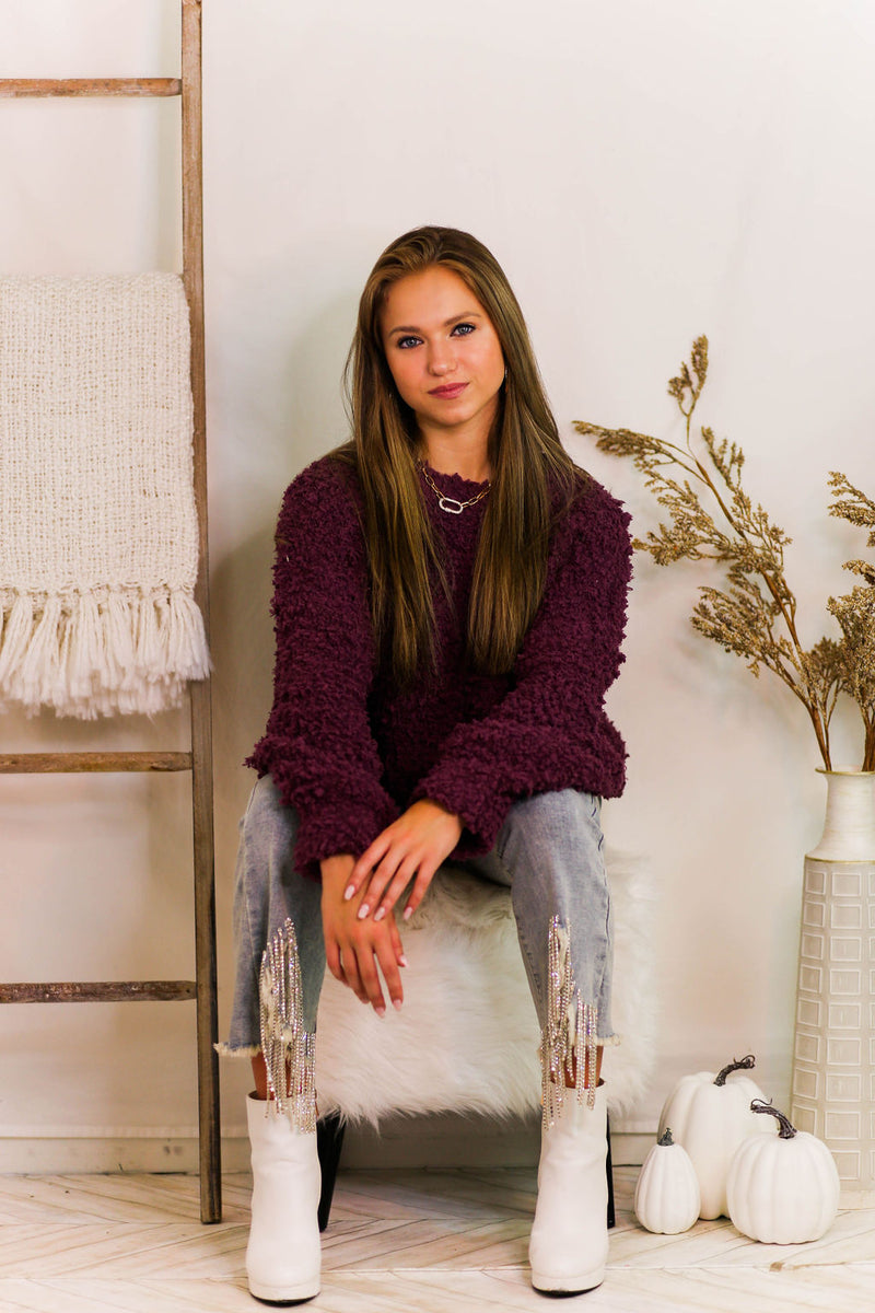 Maroon Fluffy Popcorn Texture Sweater - Kendry Collection Boutique