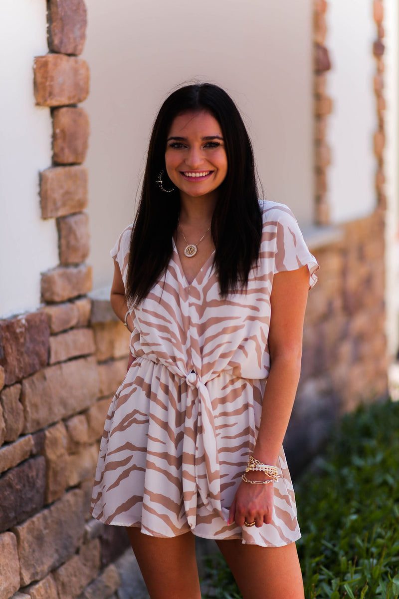 Taupe and White Zebra Front Tie Romper - Kendry Collection Boutique