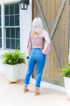 Long Sleeve Mauve Square Neck Ruched Blouse With Distressed Girlfriend Jeans- Kendry Collection Boutique