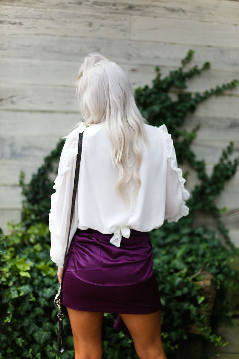 Purple Silky Front Tie Ruched Mini Skirt - Kendry Collection Boutique 