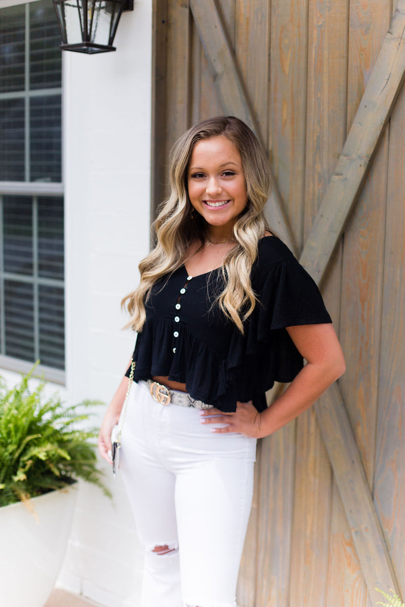 Black Open Back Ruffle Blouse - Kendry Collection Boutique
