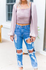 Kayla High Waisted Distressed Girlfriend Jeans - Medium Wash