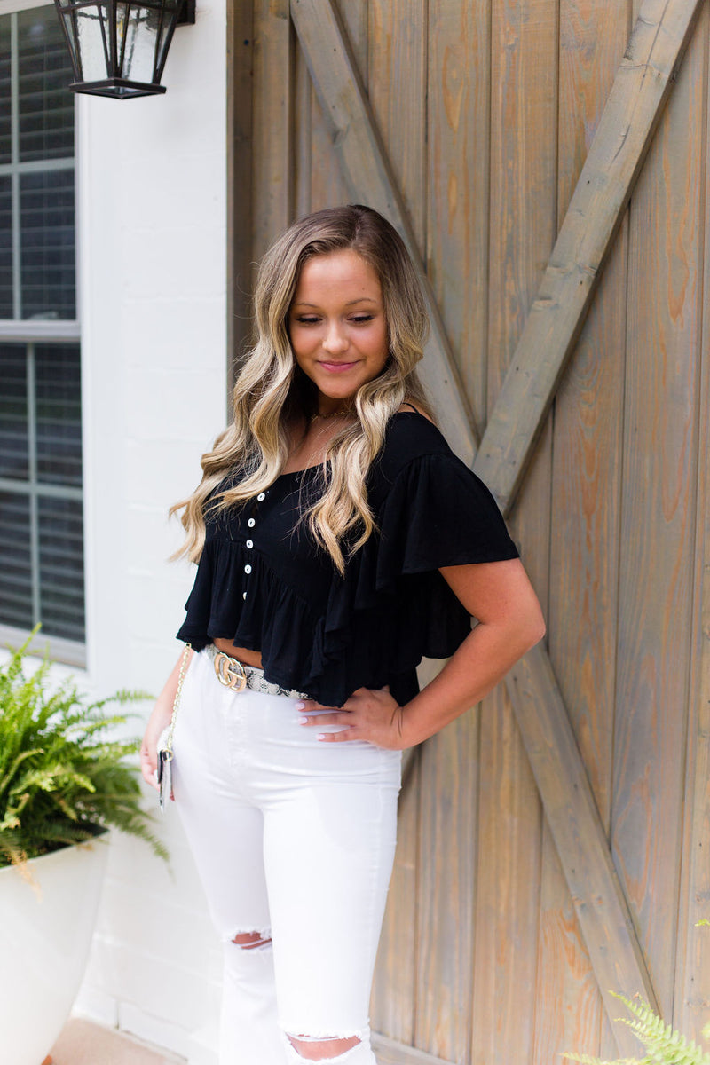 Black Open Back Ruffle Blouse - Kendry Collection Boutique
